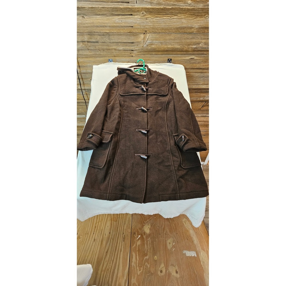 Old Navy Brown Wool Blend Hooded Toggle Duffle Coat Plaid Lined Womens XXL